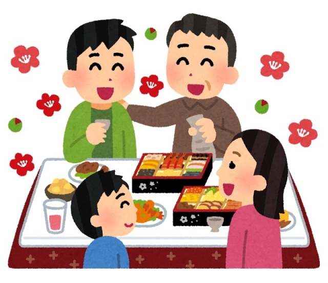 おせちを囲む家族のイラスト