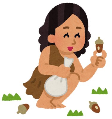 どんぐりを拾う原始人の女性のイラスト