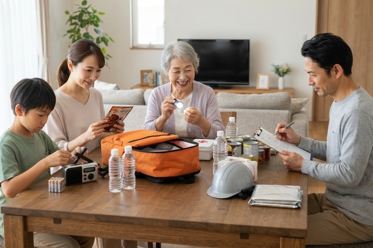 防災グッズチェックしている家族