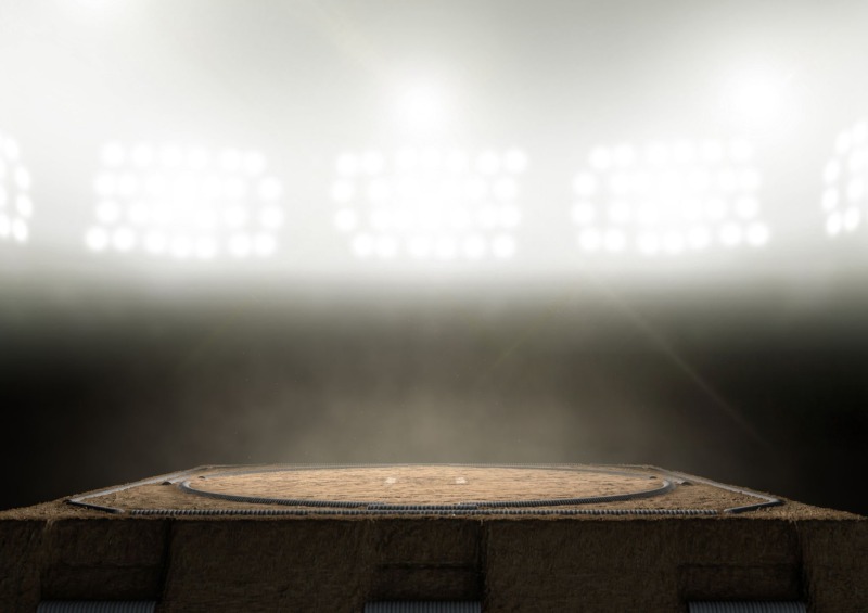 ライトで照らされた相撲の土俵