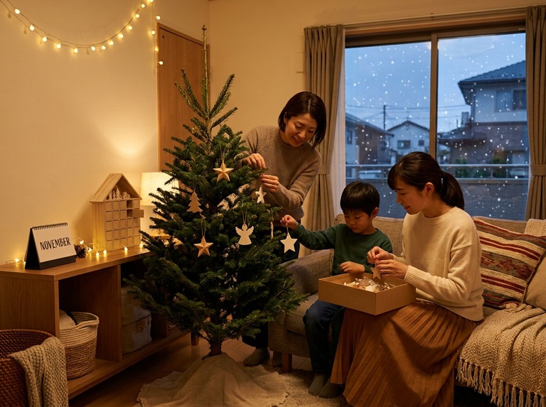 クリスマスツリー飾り付け_家族