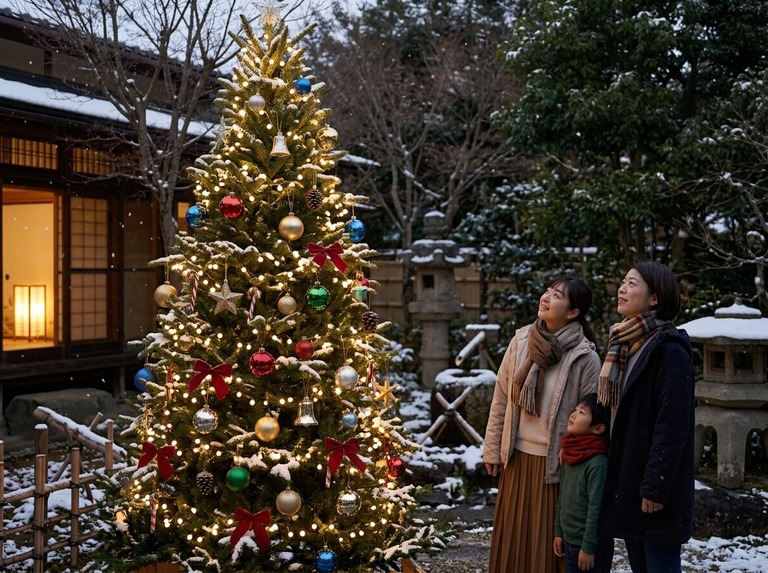 和風庭園_雪景色_大きなクリスマスツリー