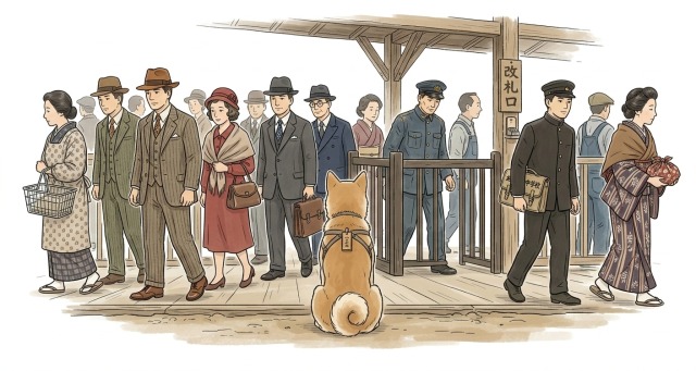 渋谷駅の改札口前で待つハチ公のイラスト