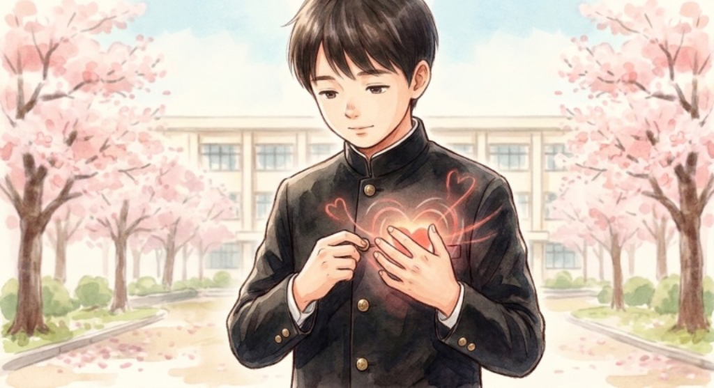 第二ボタンを外す男の子のイラスト