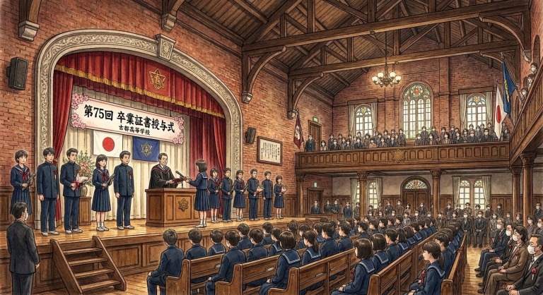 古い校舎で卒業式をしているイラスト