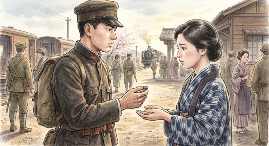 戦時中に第二ボタンを渡すイラスト