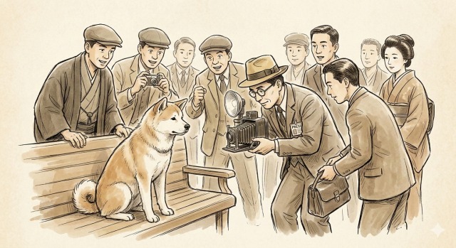 新聞記者とハチ公のイラスト