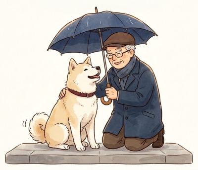 ハチ公に上野博士が傘を差しているイラスト