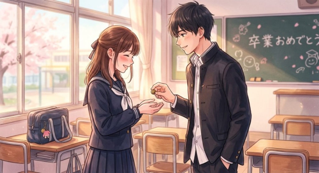 教室で第二ボタンを渡すイラスト