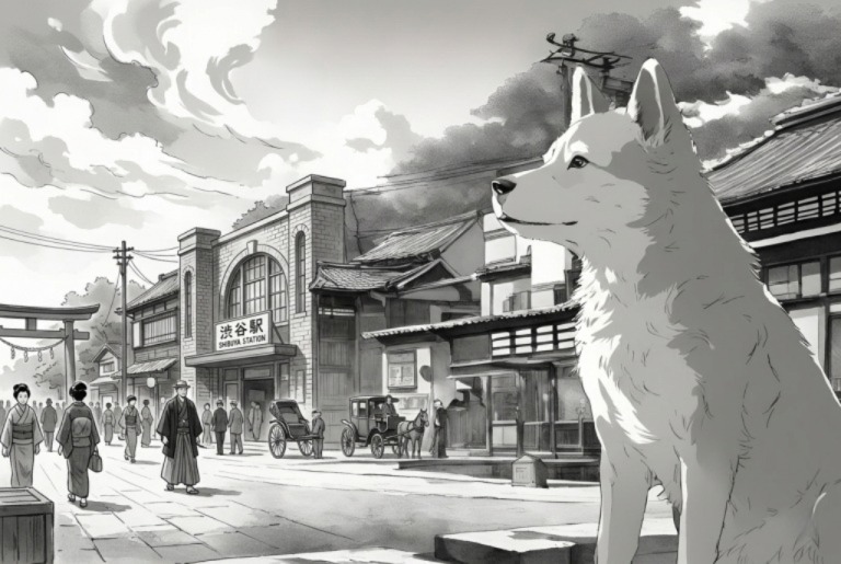 ハチ公の白黒のイラスト