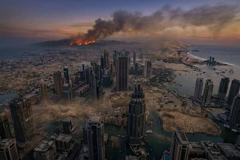 燃え盛る山火事の煙に包まれた夕暮れ時の大都市