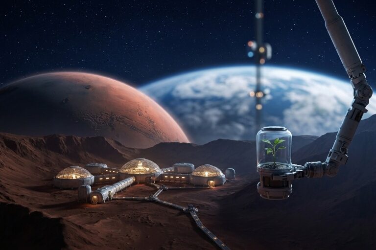 宇宙基地を背景に、ロボットアームに守られて育つ小さな植物の苗